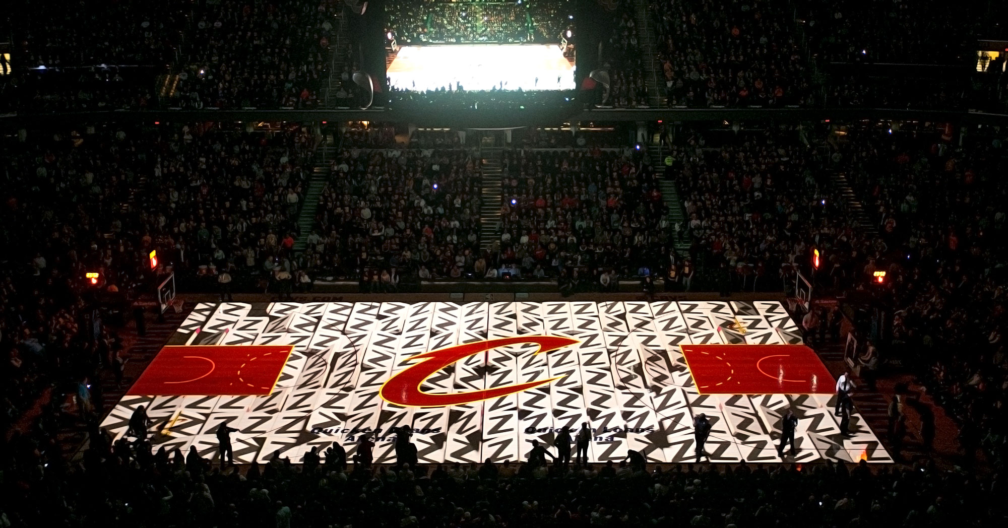 A pre-game display at a Cleveland Cavaliers game shows Quince Imaging's projection mapping opportunities.